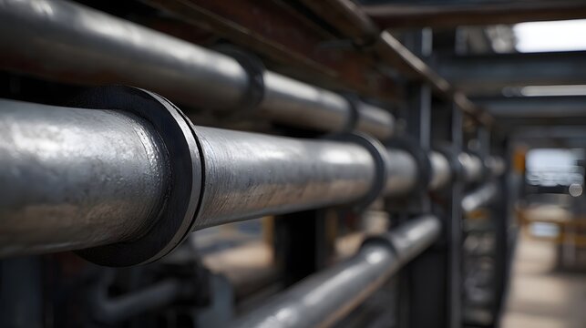 Industrial metal pipes arranged in parallel rows part of a complex manufacturing or processing facility