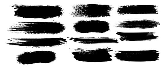Straight line vector brush strokes. Black hand drawn stripes, smears. Paint roller line brushstrokes set. Rough grunge linocut stamp thick paint line textures. Grungy sketchy rectangle textboxes pack  © Design Zone