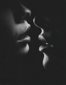 Un retrato en blanco y negro que captura la intimidad de dos rostros en perfil, casi fundidos en la oscuridad.