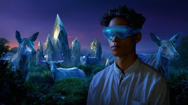 A captivating portrayal of a young individual wearing futuristic goggles in a surreal landscape filled with polygonal animals and crystal-like formations, blending nature