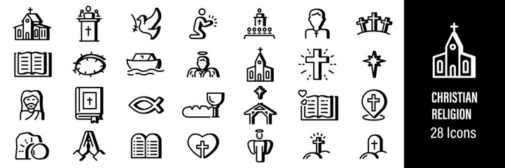 Christian religion line icons set representing faith, church, cross, Bible, prayer and Christian symbols