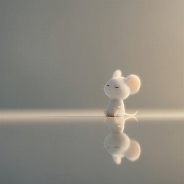 Un rat&oacute;n de peluche blanco se refleja en una superficie acu&aacute;tica tranquila.