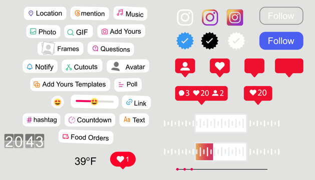 Instagram interface buttons and social media notification icons set. Like, comment, follow, hashtag, stories and profile UI elements. Editorial vector illustration