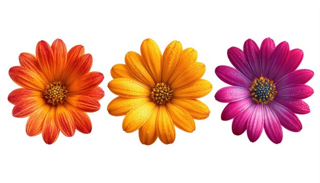 Tres margaritas vibrantes en tonos naranja, amarillo y morado, capturadas en primer plano contra un fondo blanco.