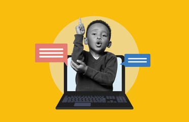 A boy is speaking with a raised hand in front of a laptop. He seems to be participating in an...