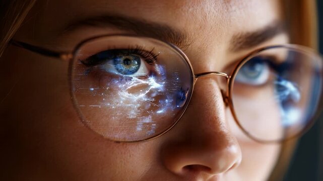 A close-up shot showcasing a person with glasses, where their eyes reflect vibrant digital graphics, symbolizing technology, vision, and the fusion of human perception 