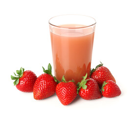 Glass with tasty strawberry smoothie on white background