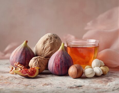 Una composici&oacute;n de higos frescos, nueces y avellanas junto a un vaso de miel, evocando la riqueza de la temporada oto&ntilde;al.