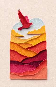 Una imagen de una silueta de un p&aacute;jaro rojo volando sobre un paisaje de terrazas en tonos dorados y rojos.