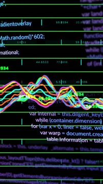 Vertical video: On data update waves shifting and splitting over scrolling code, showing live data