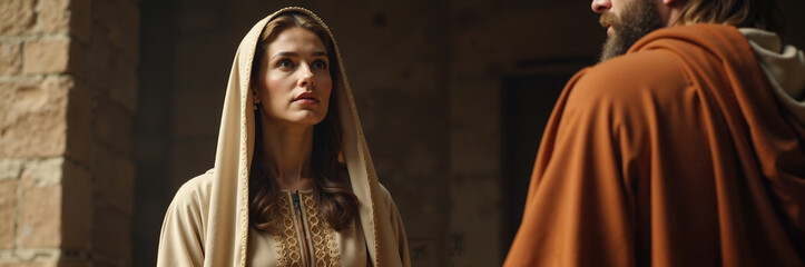 Bible scene with figures discussing significant events in the Old Testament and New Testament, showcasing emotions and expressions during this biblical moment.