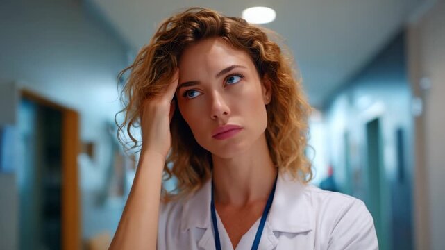A Medical Professional in a Hospital Hallway, Exhibiting Expressions of Stress and Concern Due to Overwhelming Workload, Reflecting the Challenges Faced in Healthcare Environments Today