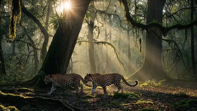 Two Leopards Walking Through Dense Forest.