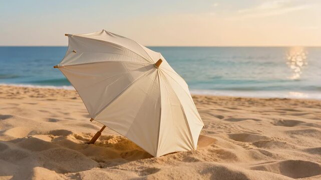 A white umbrella sits on soft sand, with gentle waves in the background under a clear sky during golden hour.