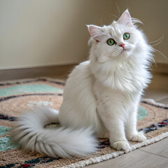 Obraz premium Majestic white cat with vibrant green eyes sitting on colorful rug