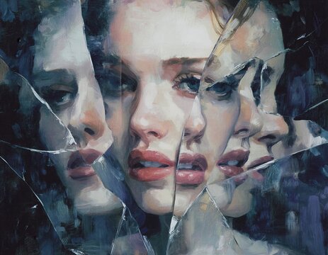 Una representaci&oacute;n art&iacute;stica de un rostro femenino fragmentado en pedazos de espejo, evocando sentimientos de vulnerabilidad y desintegraci&oacute;n.
