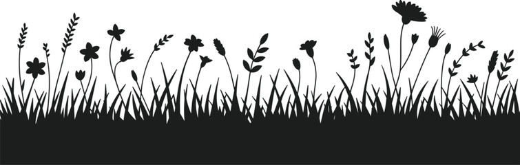 Black silhouette of wild grass and flowers against a white background nature © MdImran