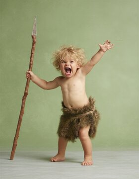 Un ni&ntilde;o peque&ntilde;o vestido de cavern&iacute;cola con una lanza, gritando con entusiasmo.