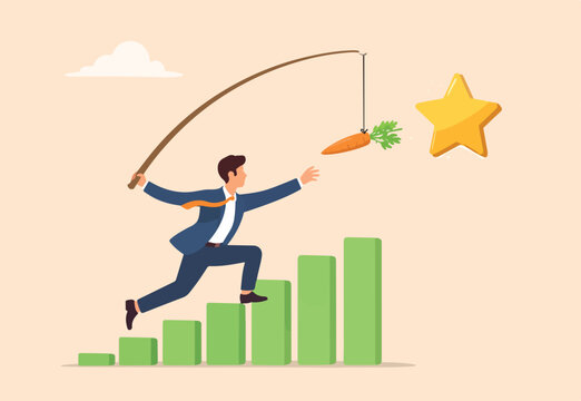 : Motivation to success, incentive or reward to motivate employee, chasing for reward or work success, aspiration concept, ambitious businessman running with carrot stick trying grab star prize award