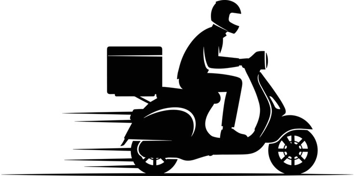 Delivery man silhouette riding a fast scooter with a parcel box for express food or package shipping service.