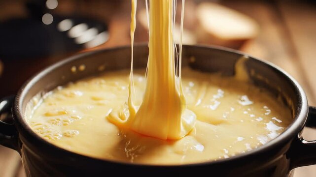 Cheese fondue pot with stretchy melted dairy and a bread crust being lifted for a warm dinner party appetizer presentation.