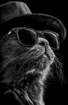 Un retrato en blanco y negro de un gato con sombrero y gafas de sol.