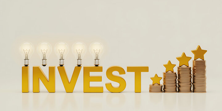 Golden word Invest with glowing light bulbs and growing stacks of coins and stars symbolizing success and financial growth