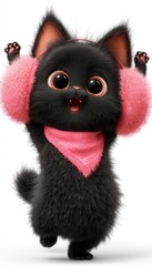 Fototapeta premium Un adorable gatito negro con un pañuelo rosa y orejeras a juego, celebrando con entusiasmo.