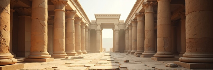 Obraz premium Ancient temple ruins with tall stone columns creating a majestic corridor. Sunlight filters through ancient architecture, revealing details of history and spirituality.
