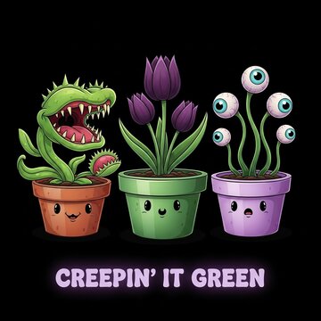 Creepin' It Green Cartoon Plants Potted Tulip Eyeball Venus Flytrap