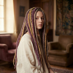 woman with long colorful dreadlocks sitting in cozy room interior