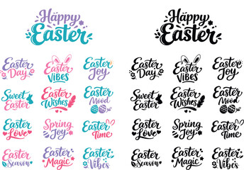 Happy Easter lettering set with pastel spring typography and decorative elements