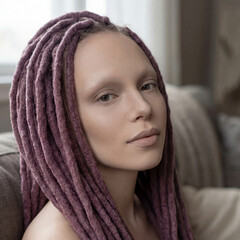 woman portrait with purple dreadlocks in minimal soft daylight