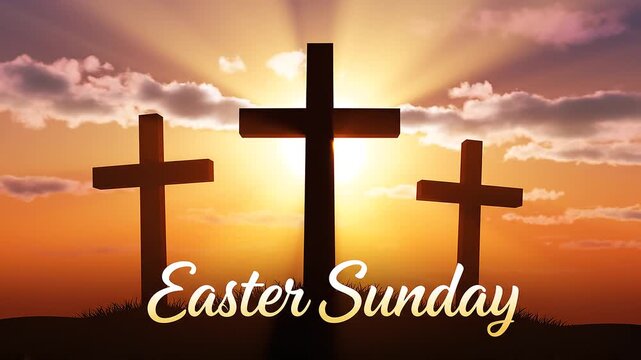 Three Crosses Silhouette at Golden Sunrise Easter Symbol