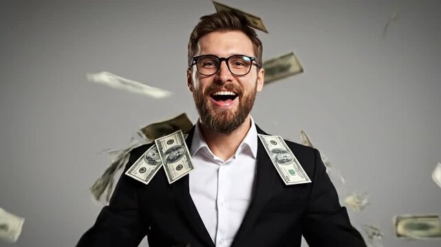Wealthy Man's Euphoria: A joyous man, radiating success and fortune, is surrounded by a cascade of money, embodying the exuberance of financial achievement.