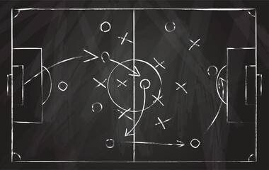 Football tactic scheme. Soccer game strategy with arrows on black chalk board. Coach attack plan for play on field top view vector concept. Illustration game line attack, soccer instruction © Md.Monir