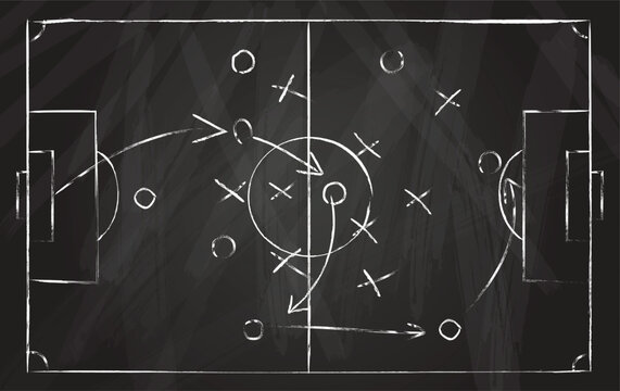 Football tactic scheme. Soccer game strategy with arrows on black chalk board. Coach attack plan for play on field top view vector concept. Illustration game line attack, soccer instruction