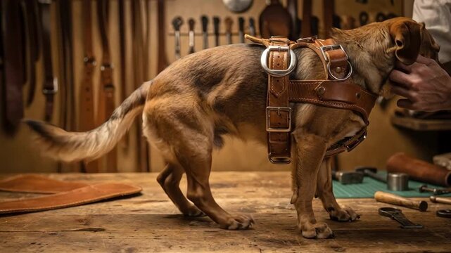 Leather harness fitting on a mediumsized dog focusing on the secure installation of Drings and precise buckle adjustments in a workshop setting.