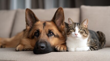 Fototapeta na wymiar Playful pets relaxing together at home candid photography of dog and cat on couch cozy indoor environment