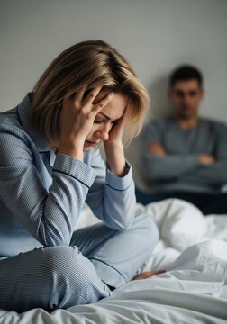 Upset woman sadly sits after conflict then argument