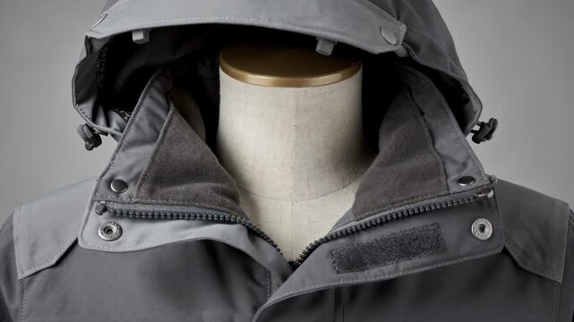 Medium shot focusing on detachable hood components being seamlessly integrated into modular garment systems through secure textile fasteners.