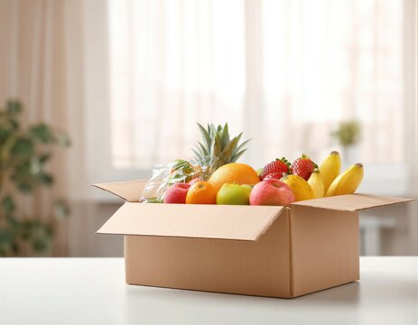 Una caja de cart&oacute;n rebosante de frutas frescas y vibrantes, s&iacute;mbolo de la conveniencia y el disfrute culinario.