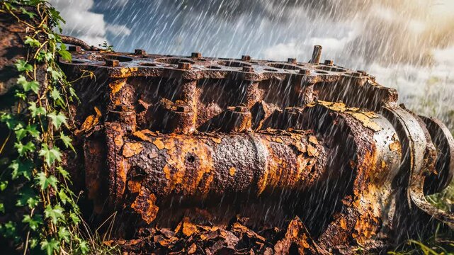 Ancient machinery succumbs to decay amidst heavy rainfall and encroaching vines