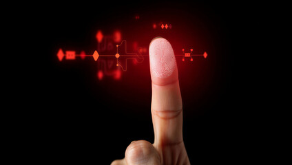 Closeup of a human finger with a clear fingerprint being scanned against a futuristic red digital interface with glowing elements