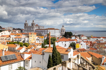 Obraz premium panoramic view of skyline of Lisbon city, Portugal, many colorful houses in the Alfama district