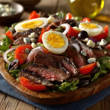 Una ensalada de carne con huevo cocido, queso azul, tomate, cebolla morada y aceitunas sobre una tabla de madera.
