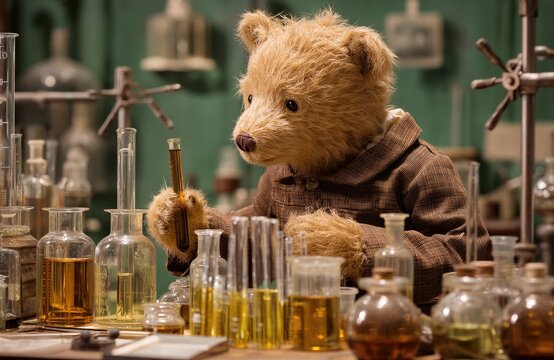 Un oso de peluche con bata de laboratorio observa atentamente un tubo de ensayo lleno de l&iacute;quido &aacute;mbar.