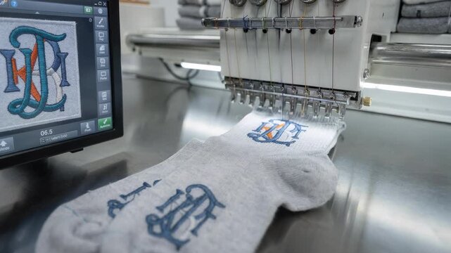 Medium shot of personalized monogram socks being printed focusing on detailed embroidery software and smallbatch manufacturing in a sleek modern facility.