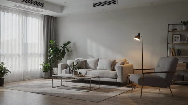Cozy contemporary living room with sofa, armchair, coffee table, plants, and soft daylight through curtains. Neutral decor with copy space on wall.