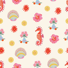Tropical frame seamless pattern with palm pineapple seahorse flowers coastal summer illustration © Yumeee